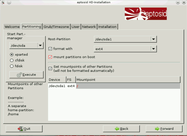 Partitioning tab - aptosid Installer aptosid-Installer2