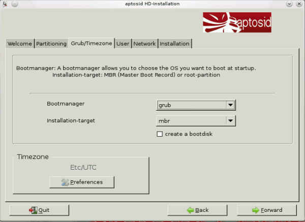 Grub/Timesone tab - aptosid Installer grub-to-mbr