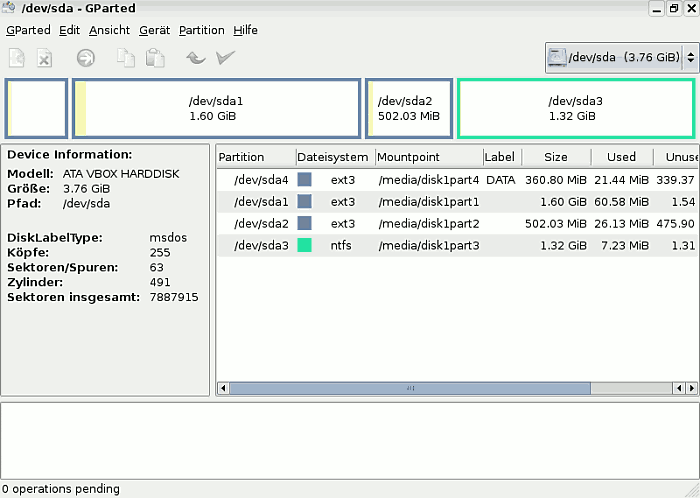 Gparted: Festplatteninformation operation view
