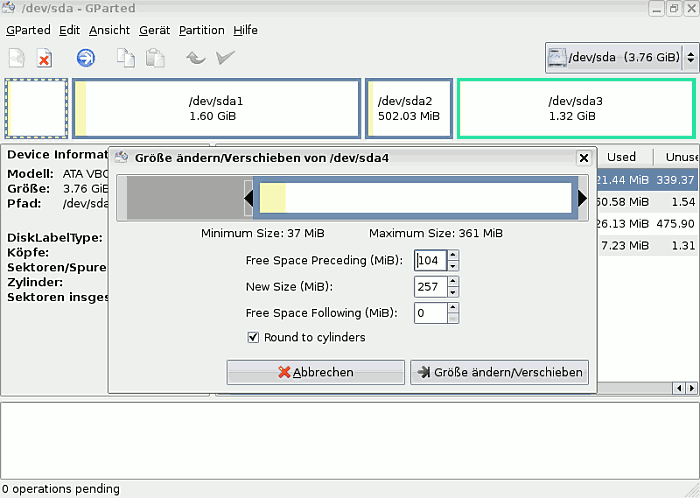Gparted: Größenänderung resize / move