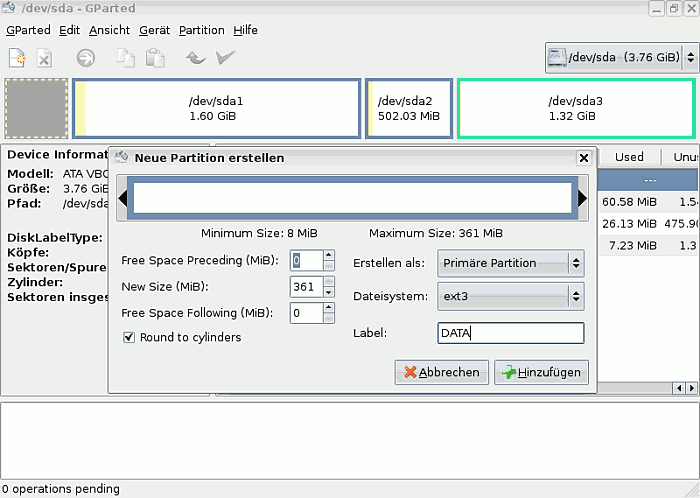 Gparted: Neue Partition file system
