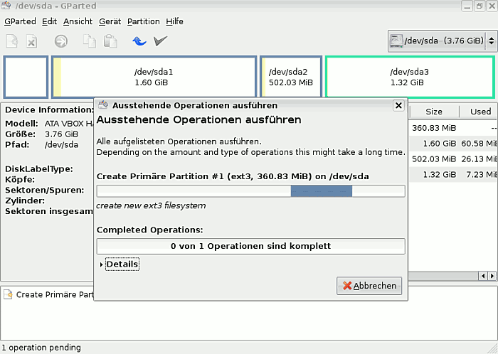 Gparted: Ausführen und speichern operation view