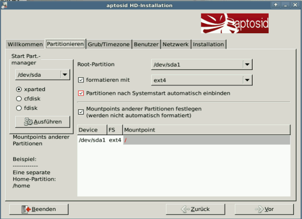 Partitionierung - aptosid-Installer aptosid-Installer2
