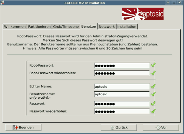 User/Passwort - aptosid-Installer choosing-pw