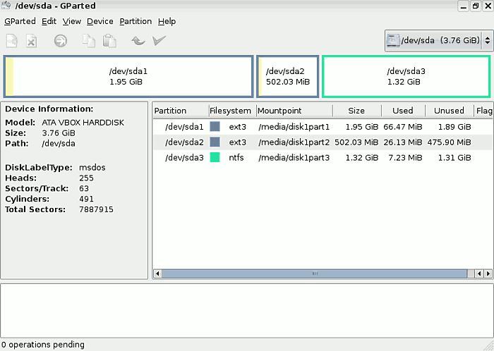 Gparted Harddisk Information operation view