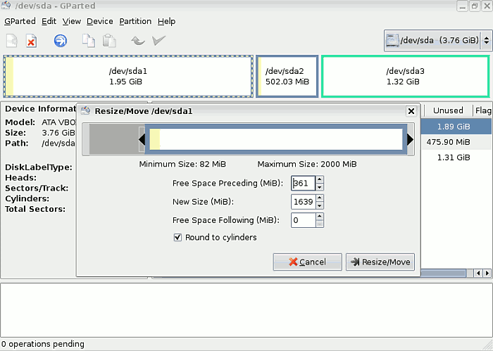 Gparted Resize resize / move