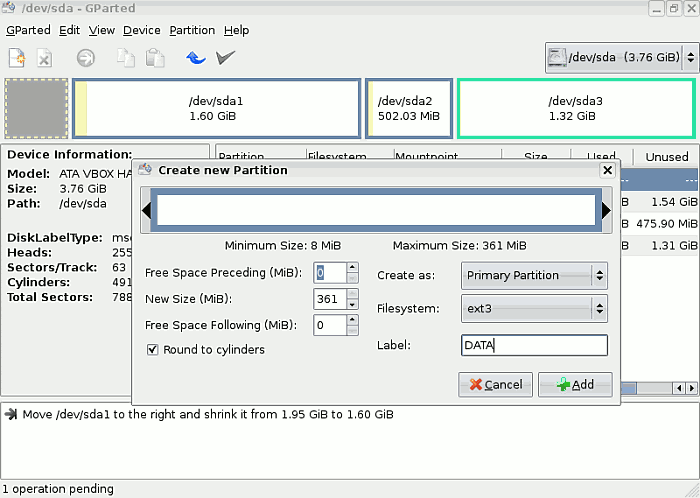 Gparted New Partition file system