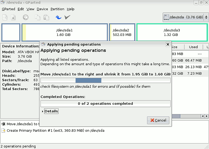 Gparted Apply operation view