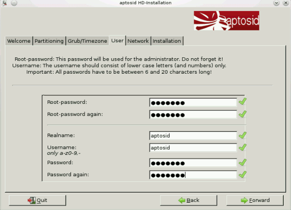 User/Password tab - aptosid Installer choosing-pw