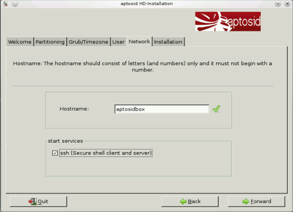 Network tab - aptosid Installer hostname