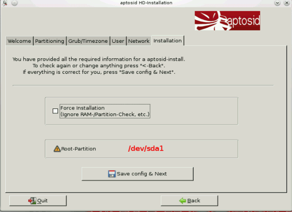 Installation tab - aptosid Installer installation-config