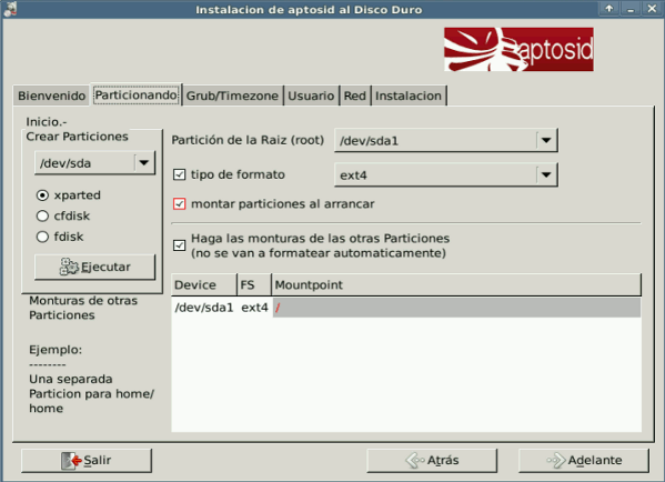 Partitioning tab - aptosid Installer aptosid-Installer2