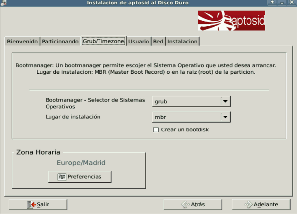 Grub/Timesone tab - aptosid Installer grub-to-mbr