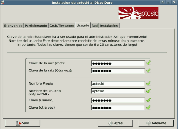 User/Password tab - aptosid Installer choosing-pw