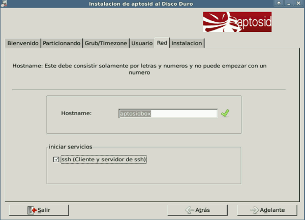 Network tab - aptosid Installer hostname