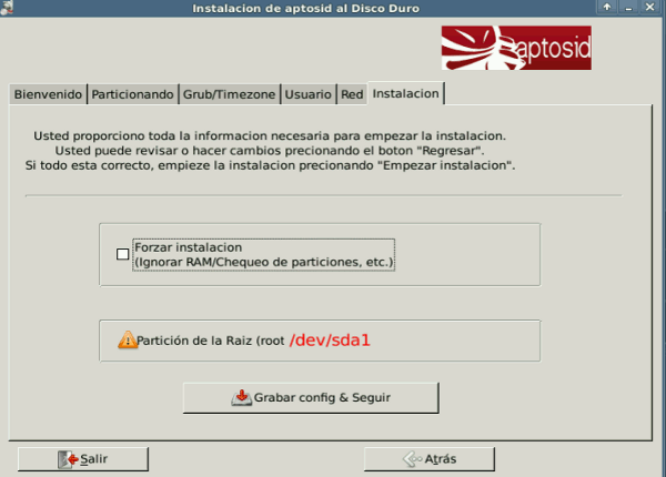 Installation tab - aptosid Installer installation-config