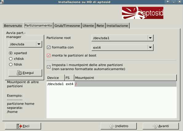 Partitioning tab - aptosid Installer aptosid-Installer2