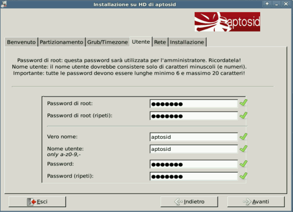 User/Password tab - aptosid Installer choosing-pw