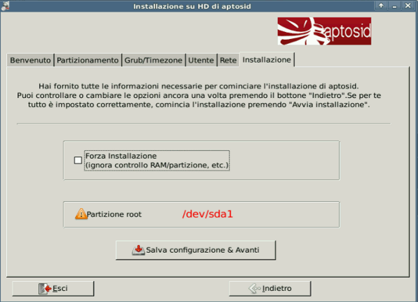 Installation tab - aptosid Installer installation-config