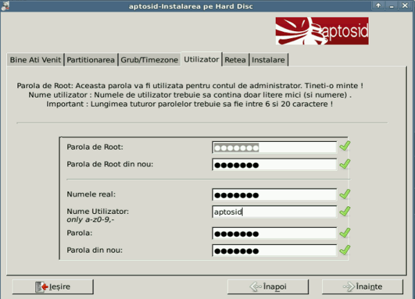 User/Password tab - aptosid Installer choosing-pw